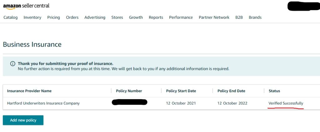 Amazon Certificate of Insurance Verified