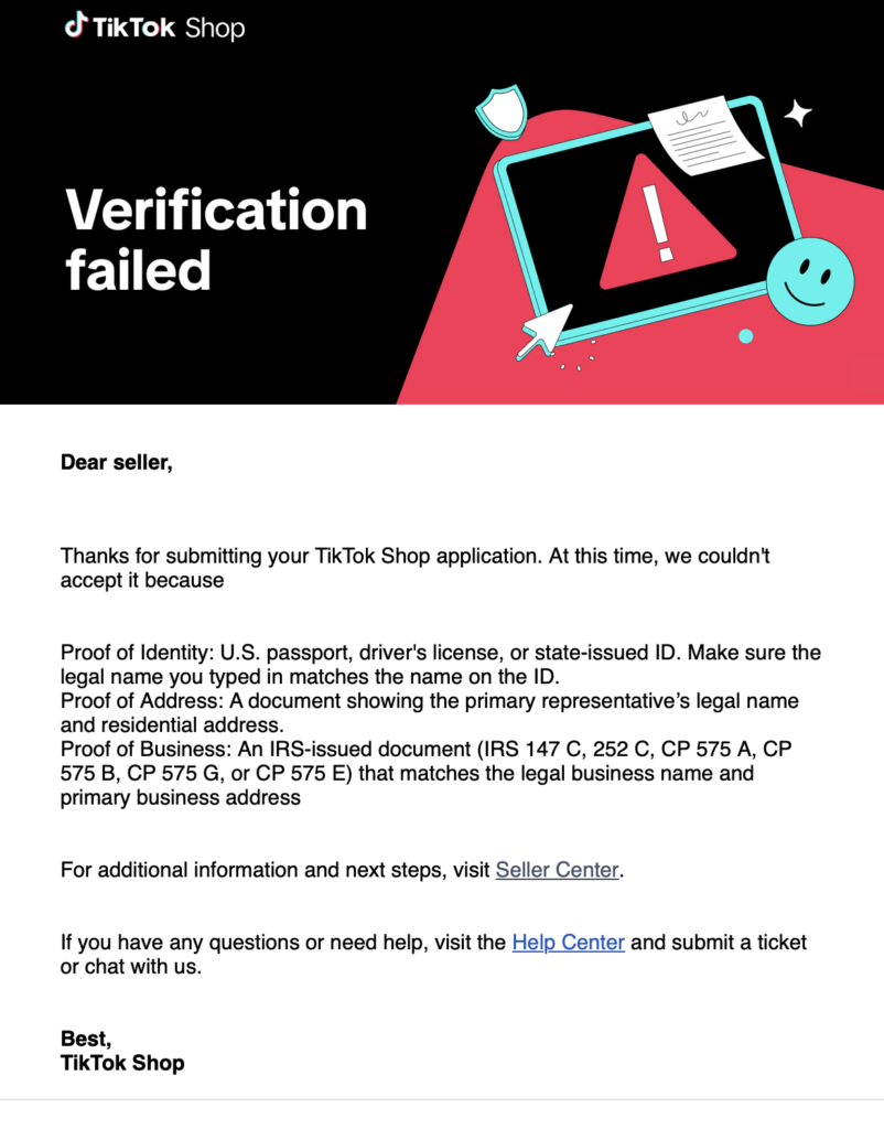 TikTok Shop Verification Failed Proof Requirements- nvinc.com