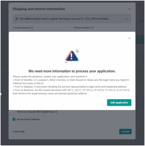 TikTok Shop We need more information popup requiring proof of identity, proof of address, and an IRS-issued proof of business document