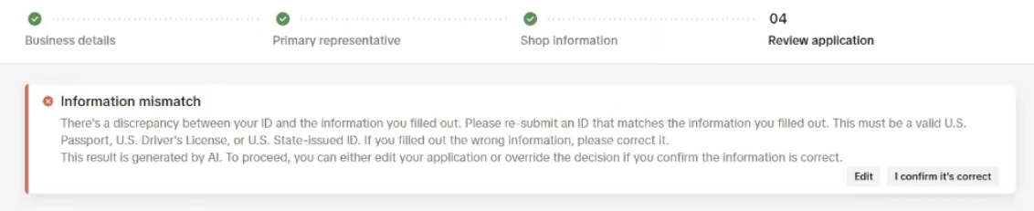 TikTok Shop Information mismatch error: there's a discrepancy between your ID and the information you filled out, with Edit and I confirm it's correct buttons