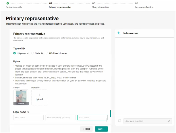 TikTok Shop Primary Representative registration step showing US passport, State ID, and US driver's license as accepted ID types