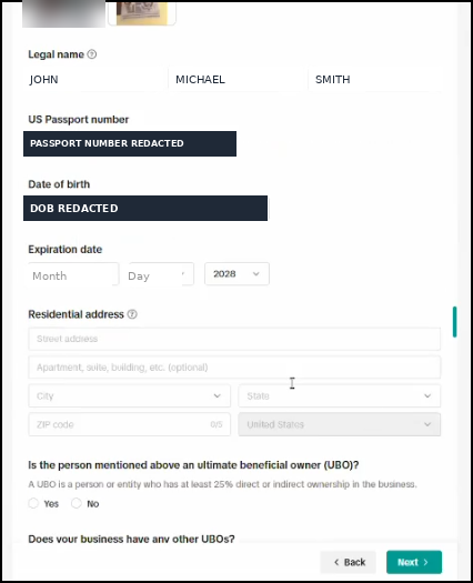 TikTok Shop Primary Representative name fields corrected across first, middle, and last name