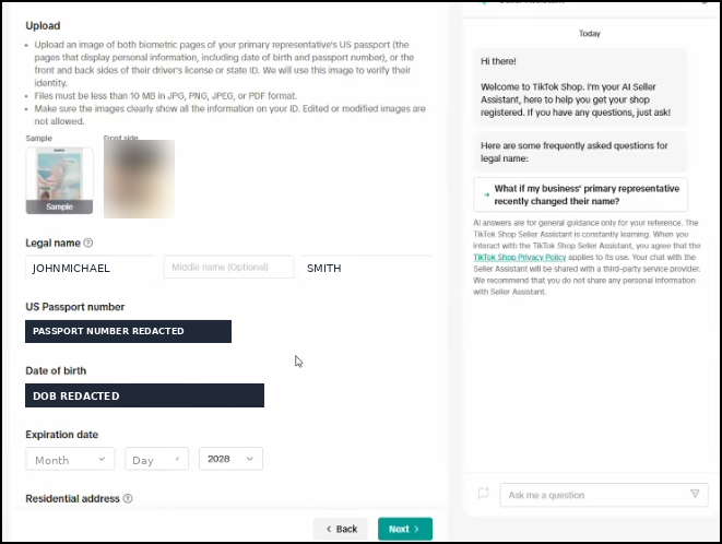 TikTok Shop Primary Representative name fields auto-filled incorrectly, first and middle name merged into one box